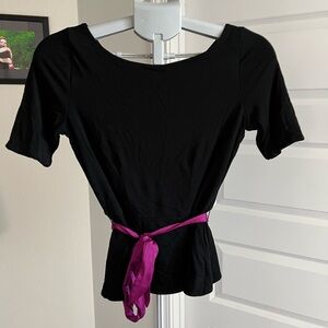 WHBM Black Balletcore Fitted Peplum Top with Back Cut Out & Magenta Satin Belt